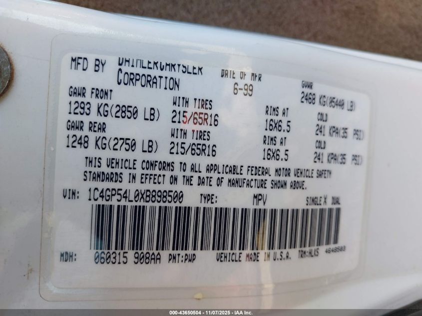 1999 Chrysler Town & Country Lx VIN: 1C4GP54L0XB898500 Lot: 43650504