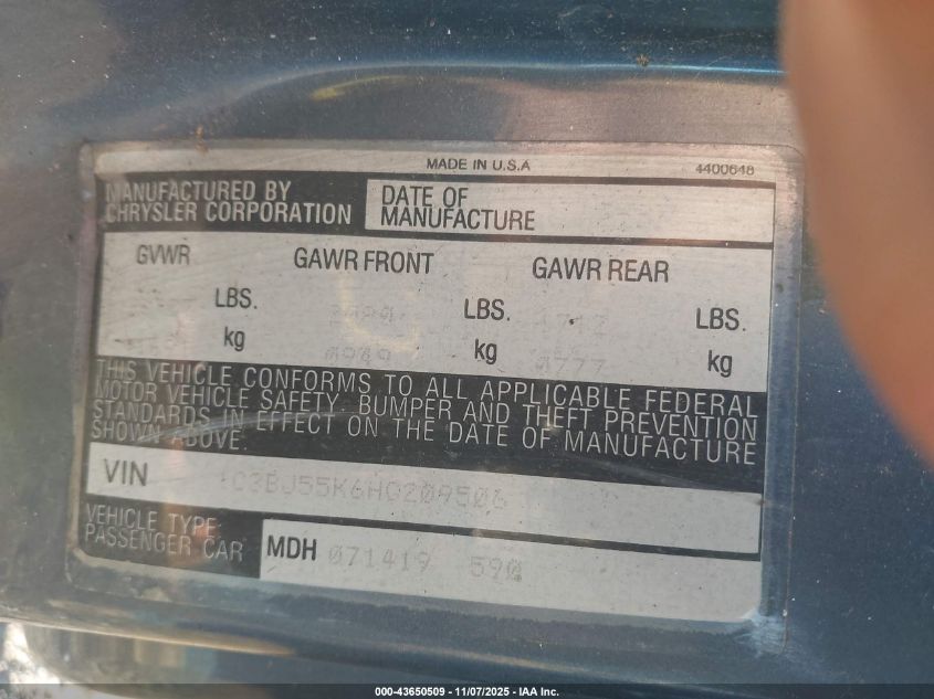 1987 Chrysler Lebaron Premium VIN: 1C3BJ55K6HG209506 Lot: 43650509