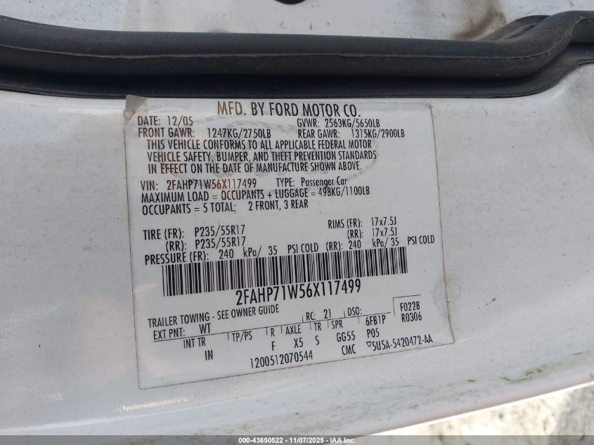 2006 Ford Crown Victoria Police/Police Interceptor VIN: 2FAHP71W56X117499 Lot: 43650522