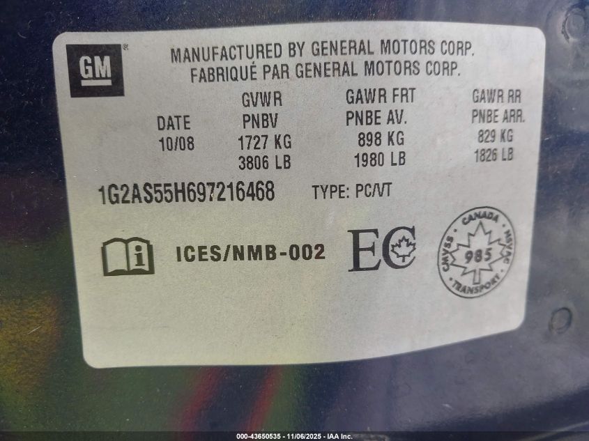 2009 Pontiac G5 Se VIN: 1G2AS55H697216468 Lot: 43650535