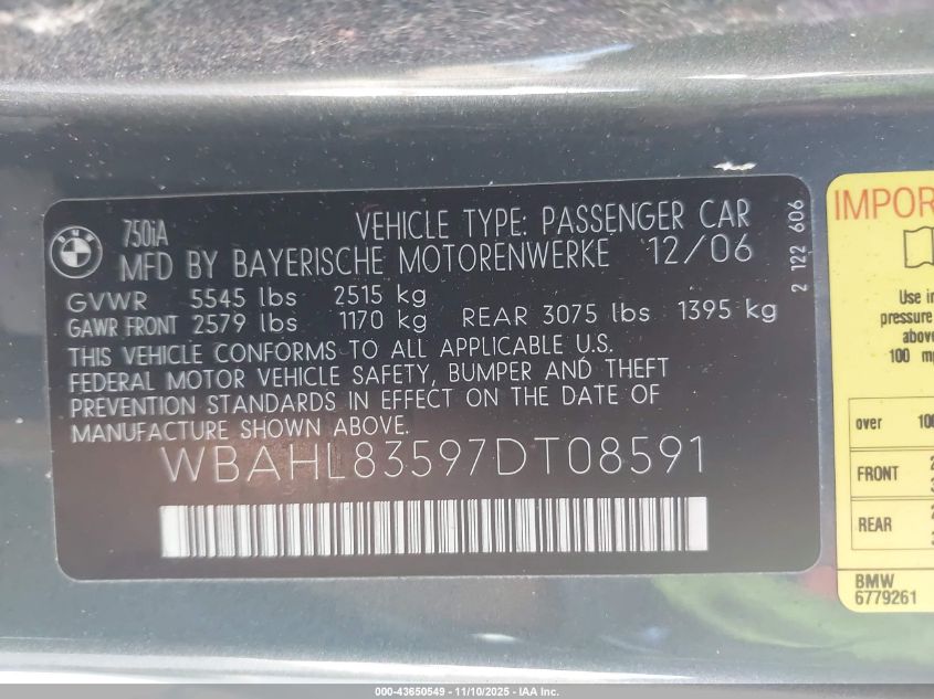 2007 BMW 750I VIN: WBAHL83597DT08591 Lot: 43650549