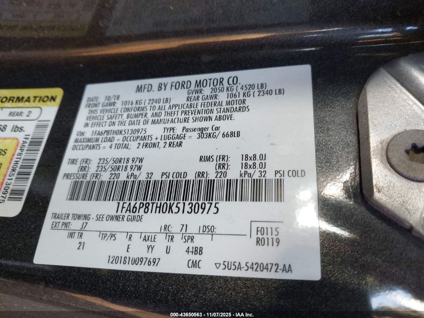 2019 Ford Mustang Ecoboost VIN: 1FA6P8TH0K5130975 Lot: 43650563