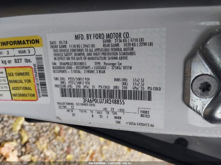 2018 Ford Fusion Hybrid Se VIN: 3FA6P0LU7JR248855 Lot: 43650568