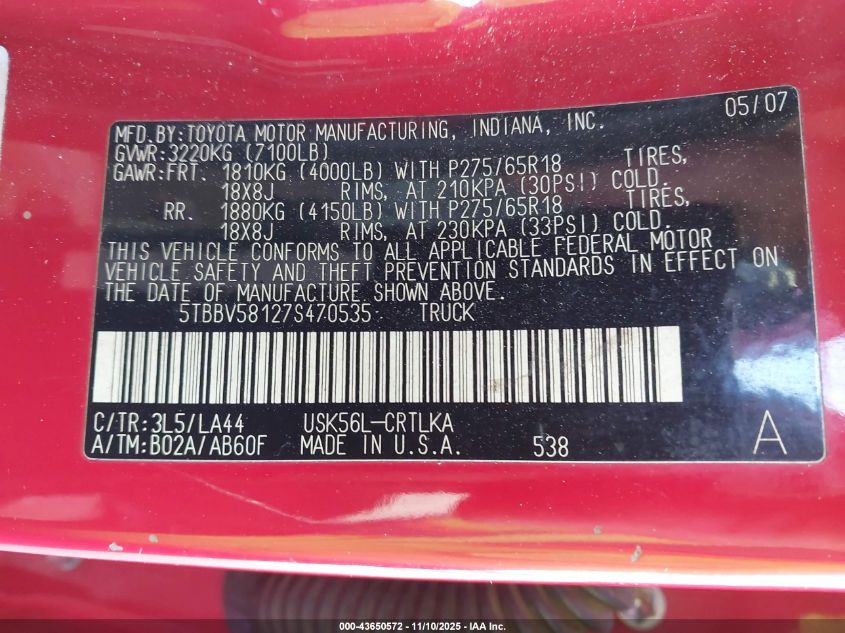 2007 Toyota Tundra Limited 5.7L V8 VIN: 5TBBV58127S470535 Lot: 43650572