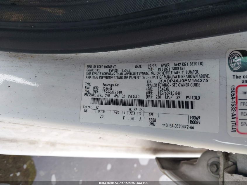 2014 Ford Fiesta S VIN: 3FADP4AJ9EM154275 Lot: 43650574