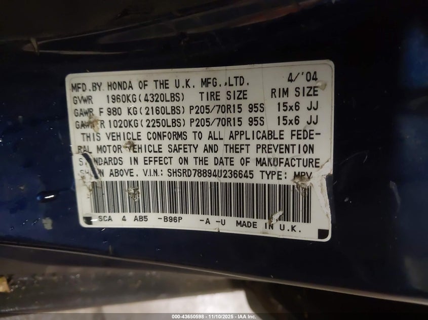 2004 Honda Cr-V Ex VIN: SHSRD78894U236645 Lot: 43650598