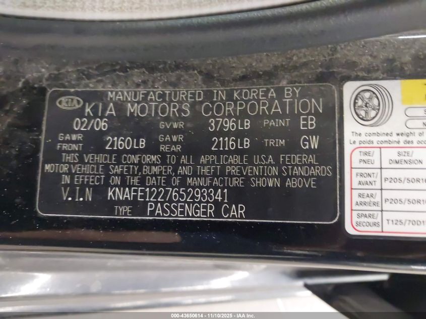 2006 Kia Spectra Ex/Lx/Sx VIN: KNAFE122765293341 Lot: 43650614