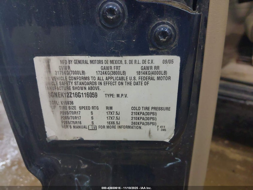 2006 Chevrolet Avalanche 1500 Z71 VIN: 3GNEK12Z16G116059 Lot: 43650616