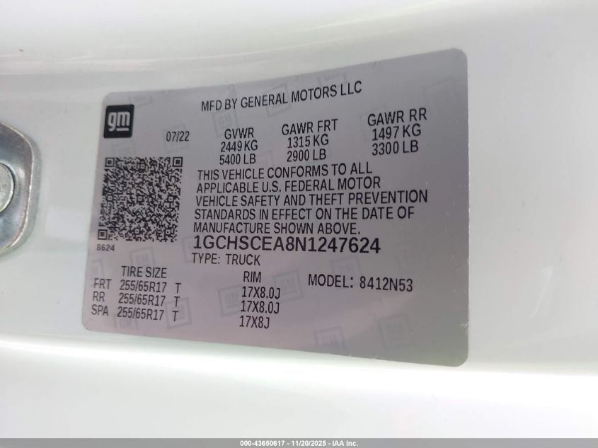 2022 Chevrolet Colorado 2Wd Long Box Lt VIN: 1GCHSCEA8N1247624 Lot: 43650617