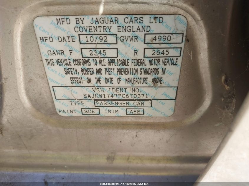 1993 Jaguar Xj6 Vanden Plas VIN: SAJKW1747PC670371 Lot: 43650619