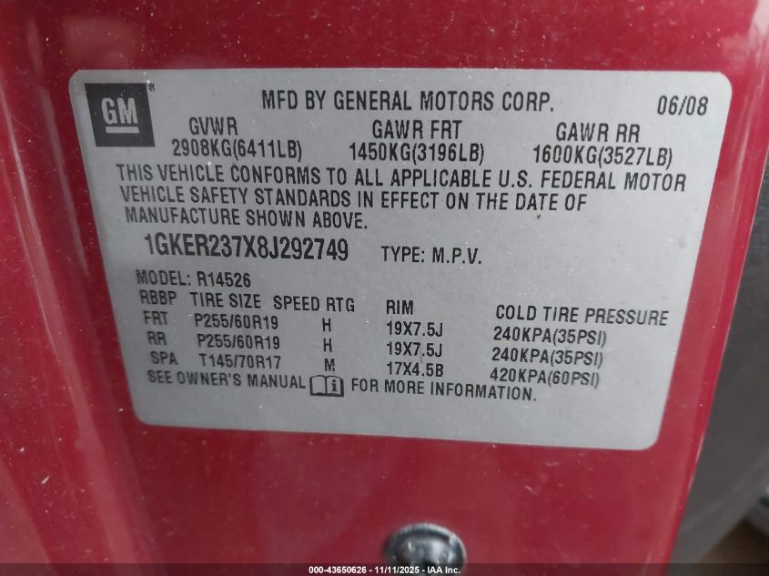 2008 GMC Acadia Slt-1 VIN: 1GKER237X8J292749 Lot: 43650626