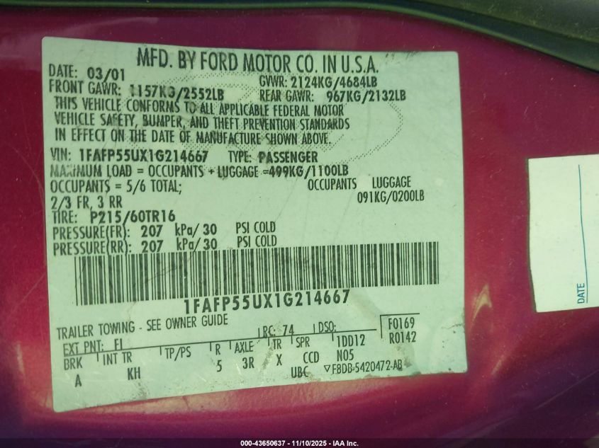 2001 Ford Taurus Ses VIN: 1FAFP55UX1G214667 Lot: 43650637