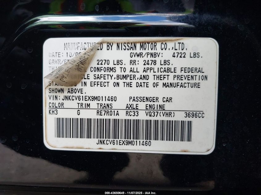 2009 Infiniti G37 Journey VIN: JNKCV61EX9M011460 Lot: 43650649
