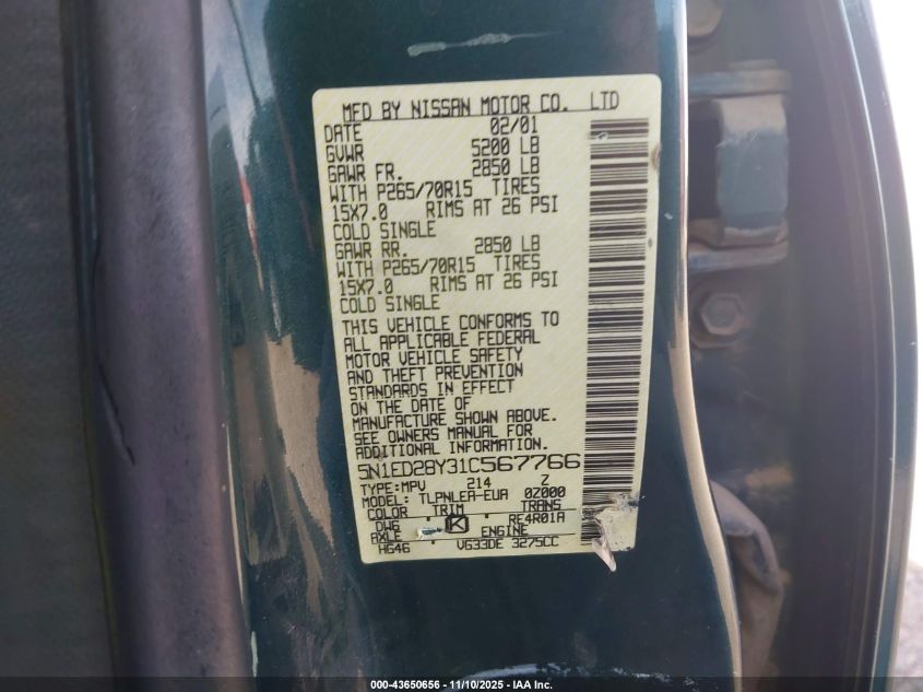 2001 Nissan Xterra Xe VIN: 5N1ED28Y31C567766 Lot: 43650656