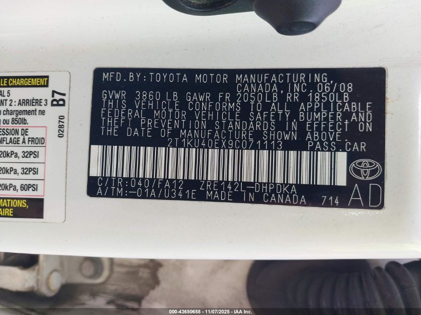 2009 Toyota Matrix VIN: 2T1KU40EX9C071113 Lot: 43650658