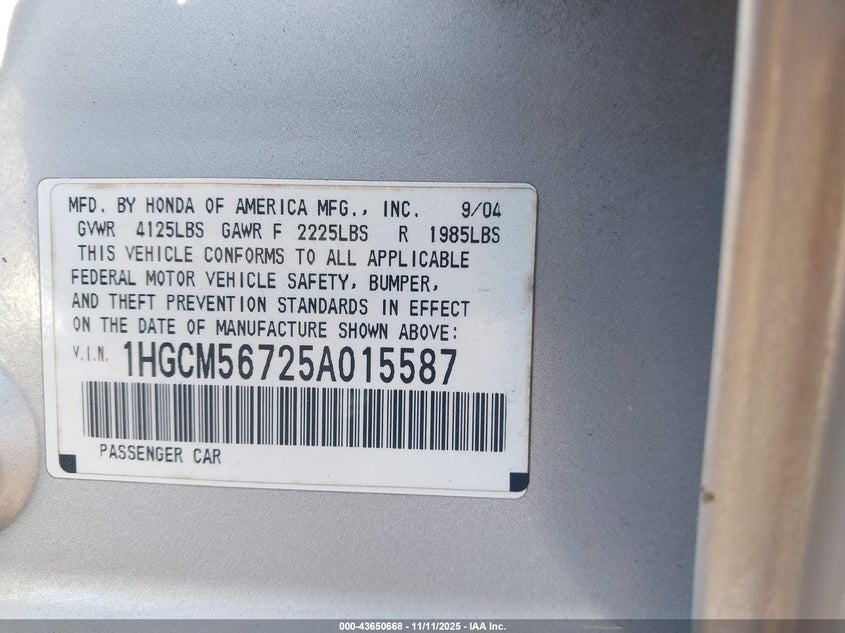 1HGCM56725A015587 2005 HONDA ACCORD photo no. 9