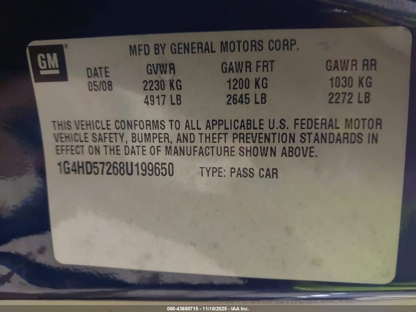 2008 Buick Lucerne Cxl VIN: 1G4HD57268U199650 Lot: 43650715