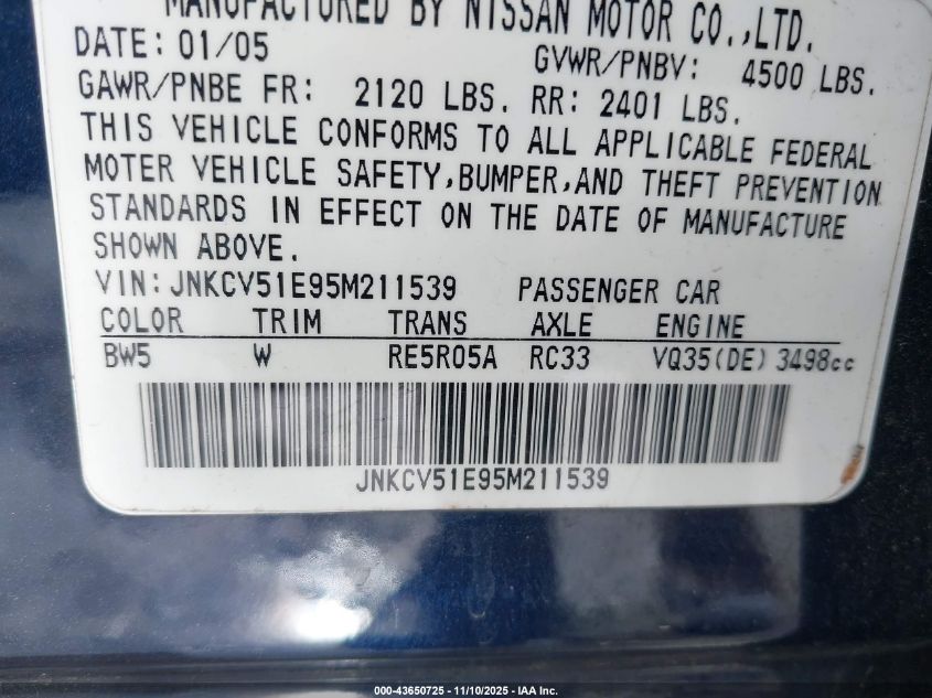 2005 Infiniti G35 VIN: JNKCV51E95M211539 Lot: 43650725