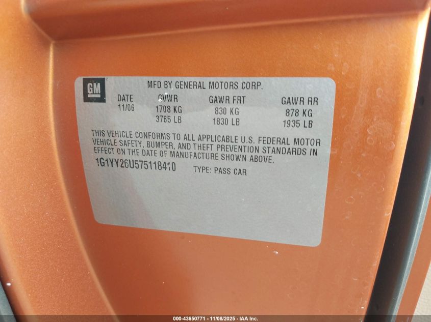 2007 Chevrolet Corvette VIN: 1G1YY26U575118410 Lot: 43650771