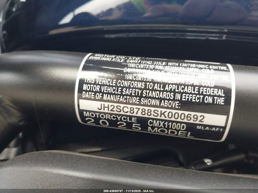 2025 Honda Cmx1100 D VIN: JH2SC8788SK000692 Lot: 43650787