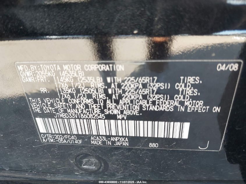 2008 Toyota Rav4 VIN: JTMBD33V186082545 Lot: 43650800