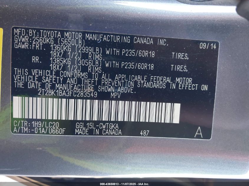 2015 Lexus Rx 350 VIN: 2T2BK1BA3FC283549 Lot: 43650813