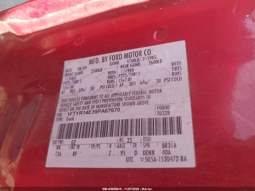 2009 Ford Ranger Sport/Xl/Xlt VIN: 1FTYR14E39PA67670 Lot: 43650818