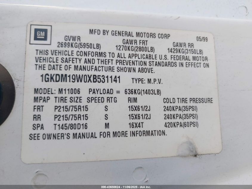 1GKDM19W0XB531141 1999 GMC SAFARI photo no. 9