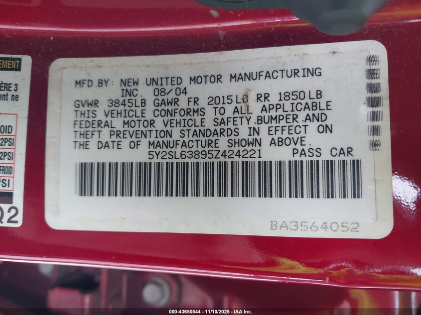 2005 Pontiac Vibe VIN: 5Y2SL63895Z424221 Lot: 43650844