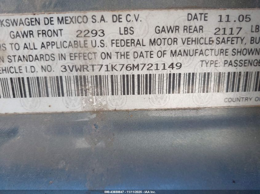 2006 Volkswagen Jetta Tdi VIN: 3VWRT71K76M721149 Lot: 43650847