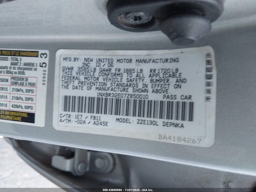1NXBR32E07Z850010 2007 TOYOTA COROLLA photo no. 9