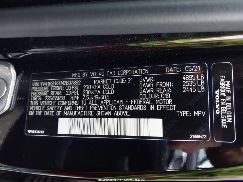 2021 Volvo Xc40 T5 Momentum VIN: YV4162UK4M2607892 Lot: 43650863