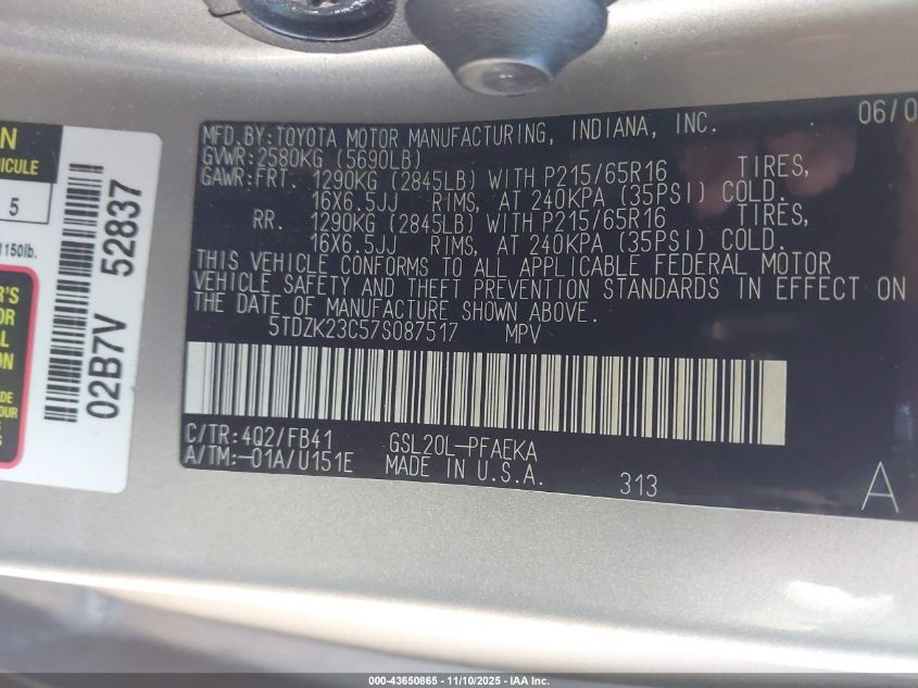 2007 Toyota Sienna Ce VIN: 5TDZK23C57S087517 Lot: 43650865