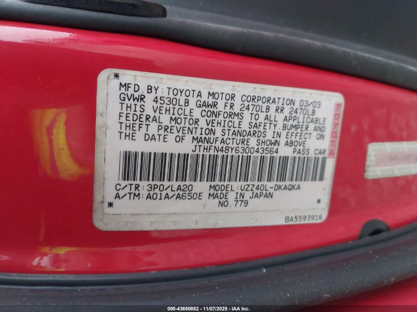 2003 Lexus Sc 430 VIN: JTHFN48Y630043564 Lot: 43650882