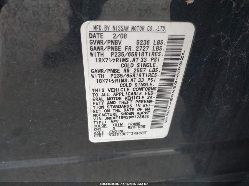 2009 Nissan Murano Sl VIN: JN8AZ18W39W123640 Lot: 43650886