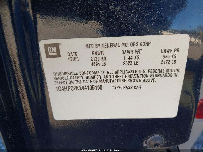 2004 Buick Lesabre Custom VIN: 1G4HP52K244105160 Lot: 43650887