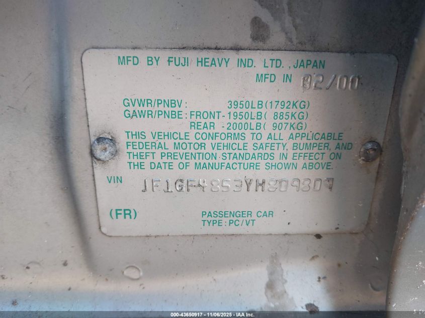 2000 Subaru Outback VIN: JF1GF4853YH809807 Lot: 43650917