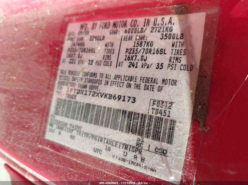 1997 Ford F-150 Standard/Xl/Xlt VIN: 1FTDX172XVKB69173 Lot: 43650923