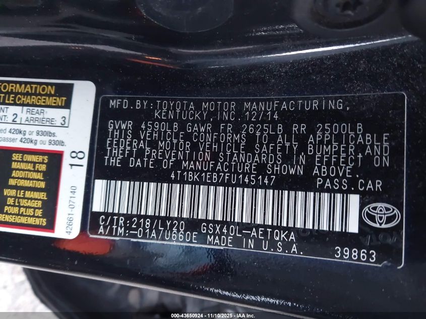 2015 Toyota Avalon Xle Touring Se VIN: 4T1BK1EB7FU145147 Lot: 43650924