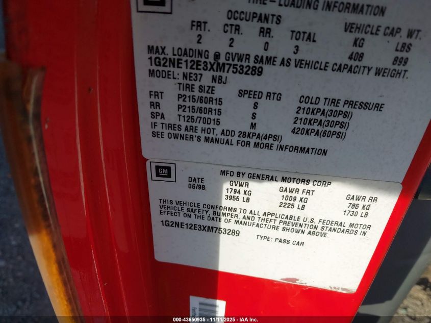 1999 Pontiac Grand Am Se1 VIN: 1G2NE12E3XM753289 Lot: 43650935