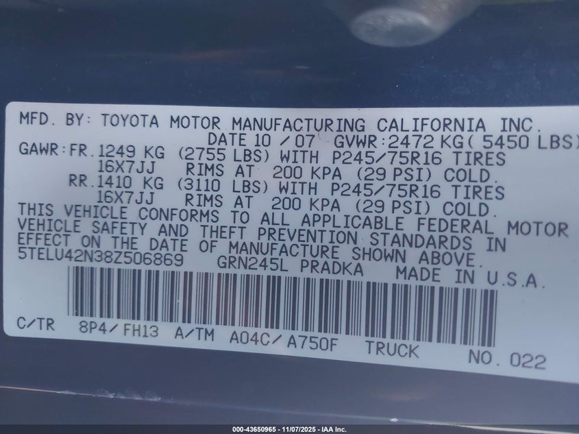 5TELU42N38Z506869 2008 TOYOTA TACOMA photo no. 9