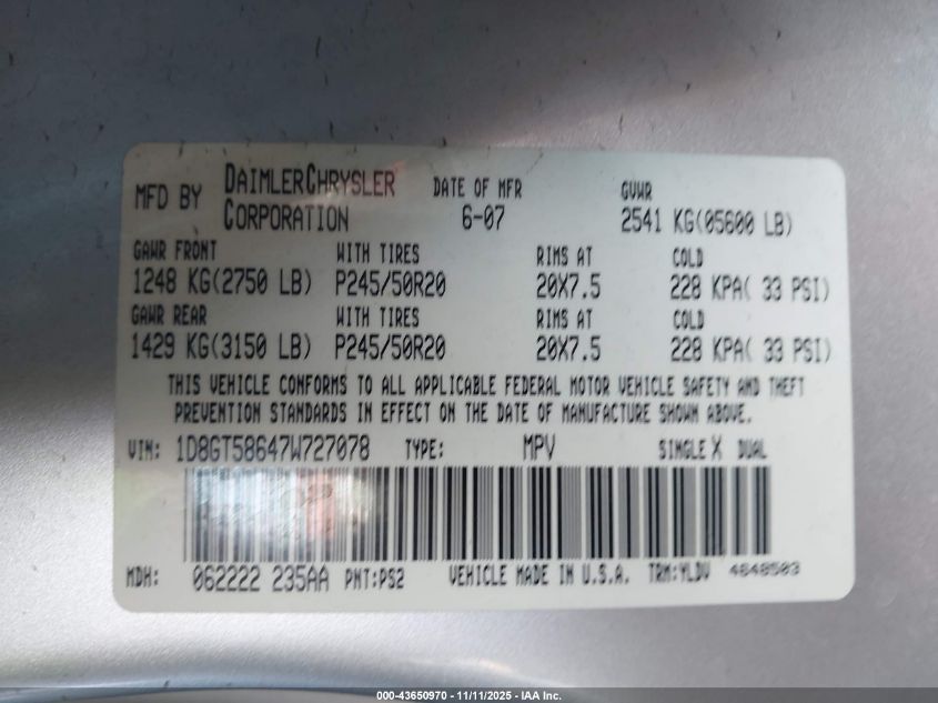 2007 Dodge Nitro Slt/Rt VIN: 1D8GT58647W727078 Lot: 43650970