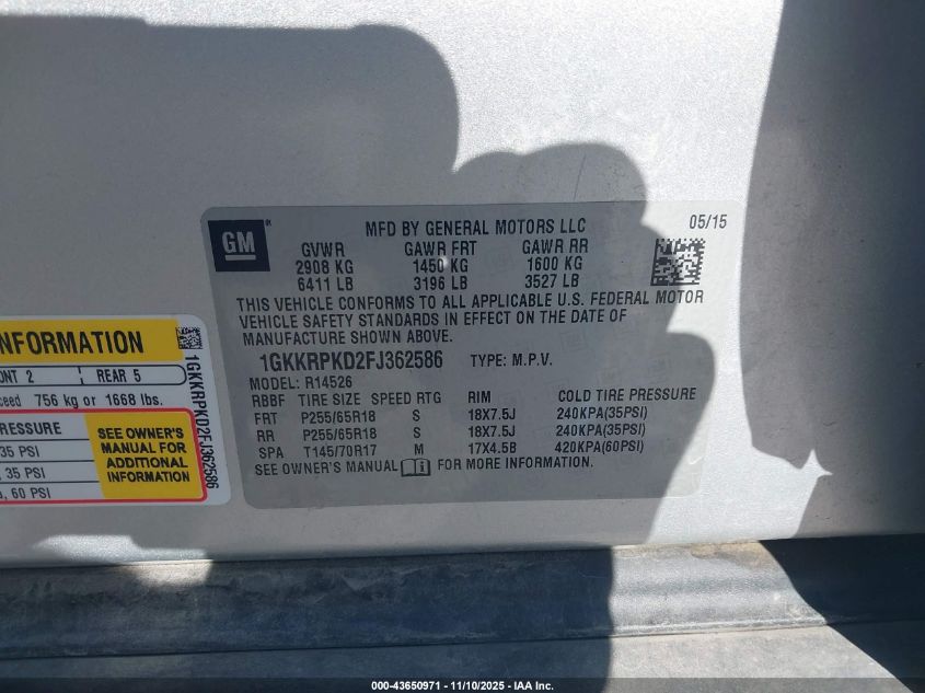 2015 GMC Acadia Sle-2 VIN: 1GKKRPKD2FJ362586 Lot: 43650971