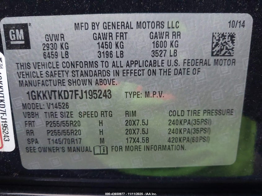 2015 GMC Acadia Denali VIN: 1GKKVTKD7FJ195243 Lot: 43650977