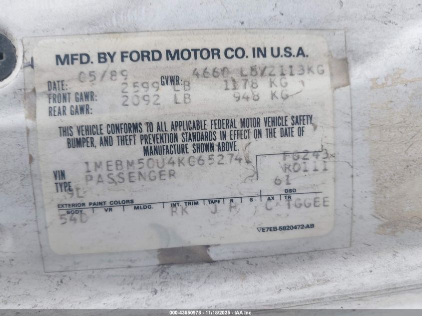 1989 Mercury Sable Gs VIN: 1MEBM50U4KG652741 Lot: 43650978