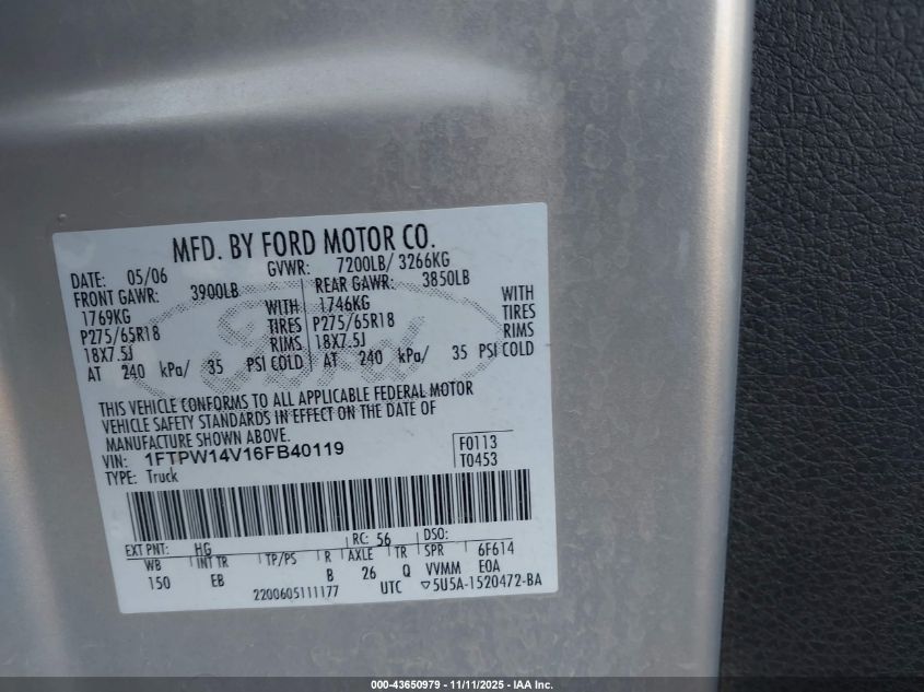 2006 Ford F-150 Fx4/Lariat/Xlt VIN: 1FTPW14V16FB40119 Lot: 43650979