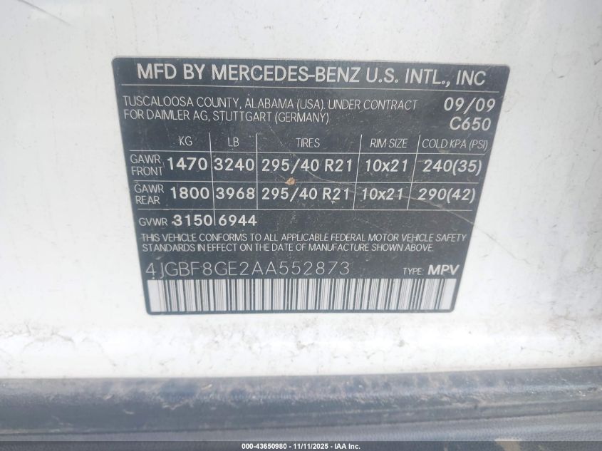 2010 Mercedes-Benz Gl 550 4Matic VIN: 4JGBF8GE2AA552873 Lot: 43650980