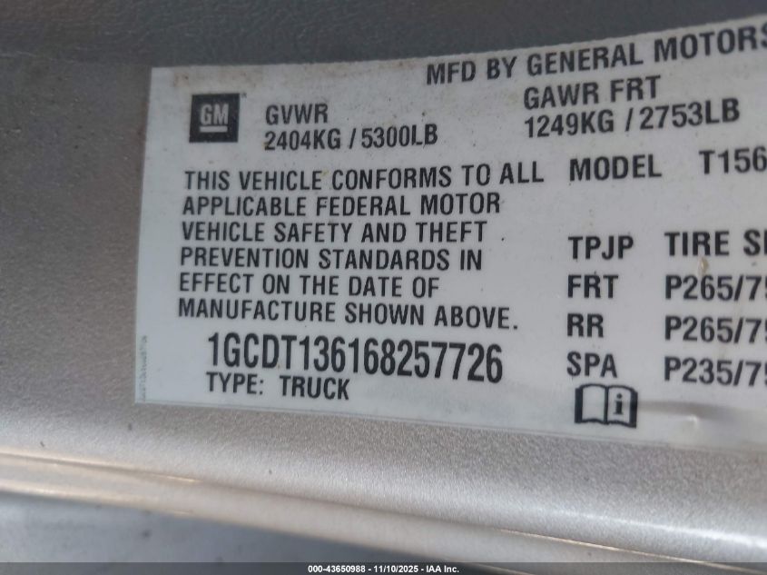 2006 Chevrolet Colorado Lt VIN: 1GCDT136168257726 Lot: 43650988