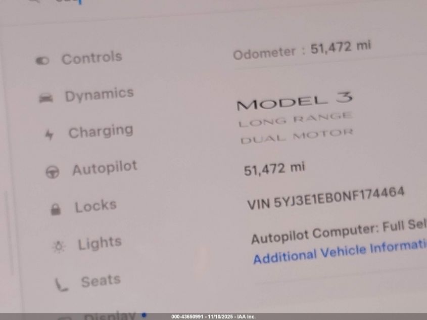 2022 Tesla Model 3 Long Range Dual Motor All-Wheel Drive VIN: 5YJ3E1EB0NF174464 Lot: 43650991