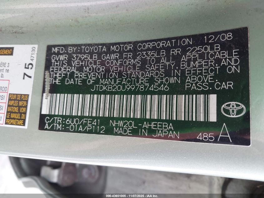 2009 Toyota Prius VIN: JTDKB20U997874546 Lot: 43651005